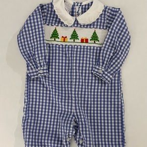 Boys - Smocked Giraffe Royal Blue gingham smocked Christmas tree romper
